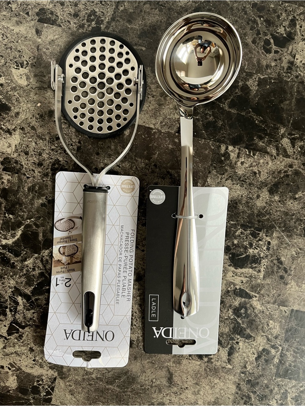Oneida Kitchen Stainless Steel Foldable Potato Masher & Legacy Ladle 2 Sets